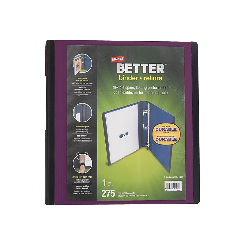 Staples Heavy Duty 1" 3-Ring Better Binder, D-Ring, Plum (22158-US) image 1