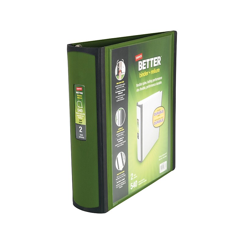 Staples Heavy Duty 2" 3-Ring Better Binder, D-Ring, Olive (22169-US) image 1