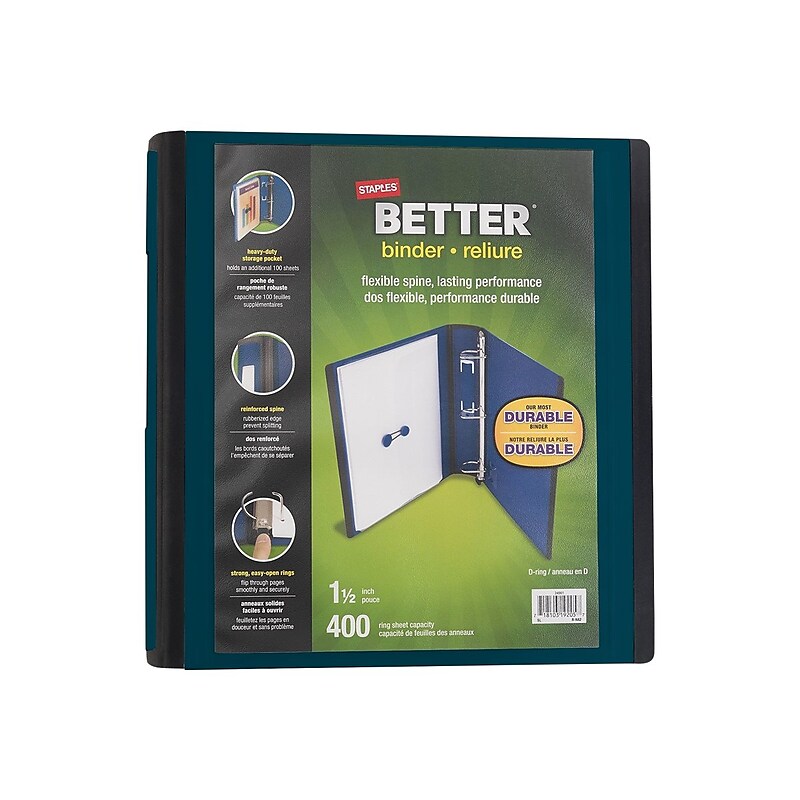Staples Heavy Duty 2" 3-Ring Better Binder, D-Ring, Dark Teal (22166-US) image 1