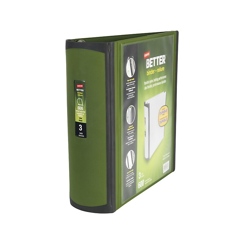 Staples Heavy Duty 3" 3-Ring Better Binder, D-Ring, Olive (22173-US) image 1