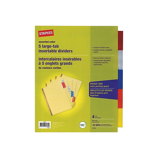 Staples Color Large Tab Insertable Dividers 5 Tabs 13485 