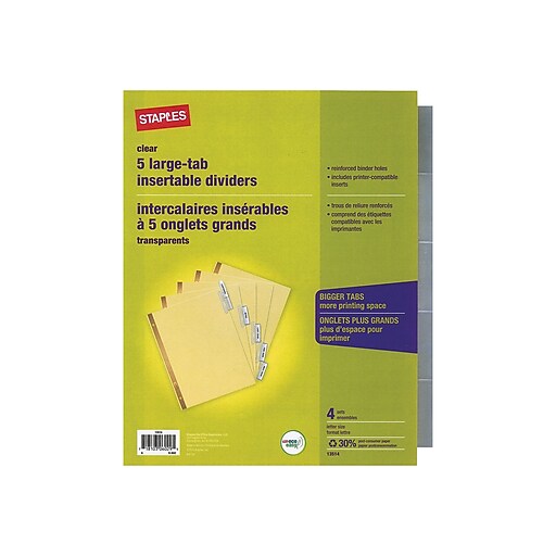 Staples Big Tab Blank Paper Dividers, 5Tab, Clear, 4/Pack (13514/14480