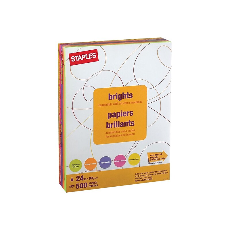 Staples Brights Multipurpose Colored Paper, 24 lbs., 8.5" x 11", Assorted Neon, 500/Ream (20201) image 1