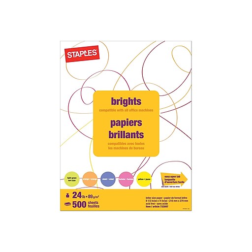 Staples Brights 24 lb. Colored Paper, Neon Assorted, 500/Ream Staples