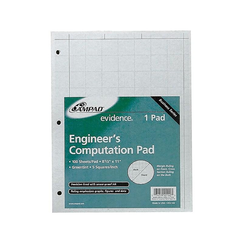 Ampad Engineering Computation Notepad, 8.5" x 11", Graph, Green Tint, 100 Sheets/Pad (TOP22-142) image 1