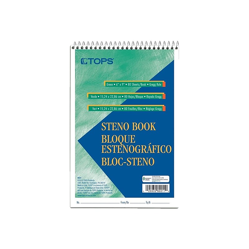 TOPS Steno Pad, 6" x 9", Gregg, Green Tint, 80 Sheets/Pad (TOP8021) image 1