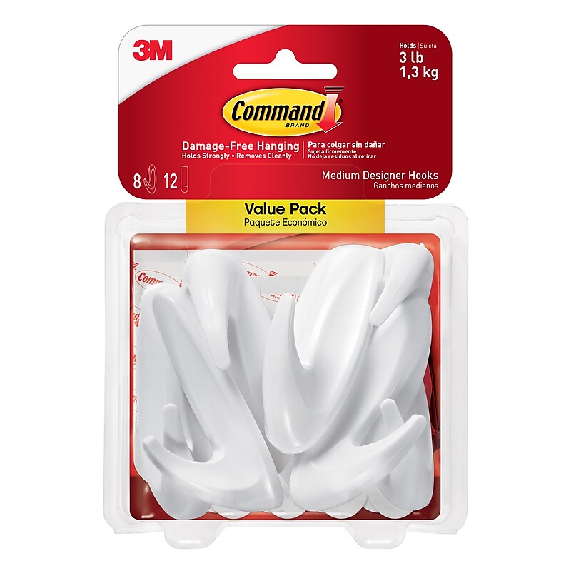 Command Medium Decorative Hooks, 3 lb., White, 8/Hooks, 12/Strips (17081-8ES) image 1