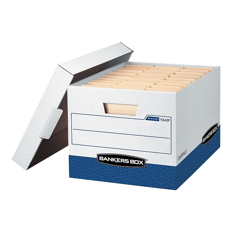 Bankers Box R-Kive® Heavy-Duty FastFold File Storage Boxes, Lift-Off Lid, Letter/Legal Size, White/Blue, 12/Carton (07243) image 1