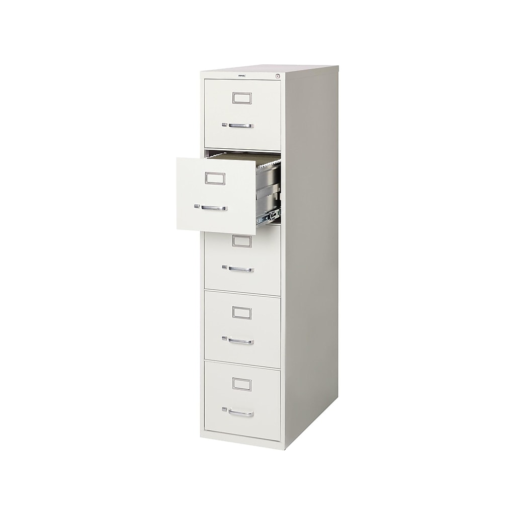 Tall white vertical filing cabinet with five or six drawers; one drawer open showing metal rails and an inner drawer