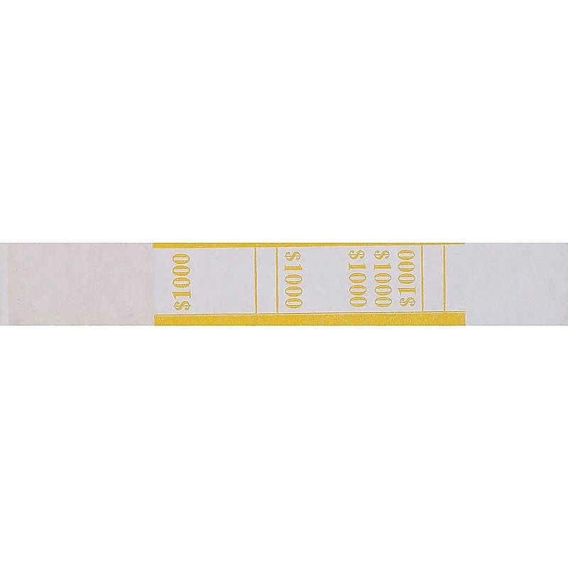 Pap-R Products Currency Straps, White with Yellow Print 1000/Pack (401000) image 1