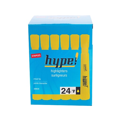 Staples Hype! Tank Highlighters, Chisel, Yellow, 24/Pack (26935CC