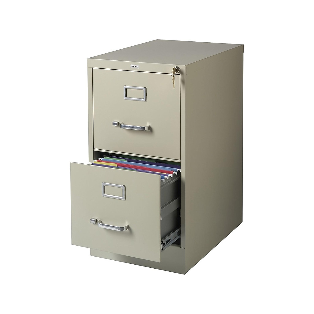 Putty-colored two-drawer vertical filing cabinet with top drawer open showing contents