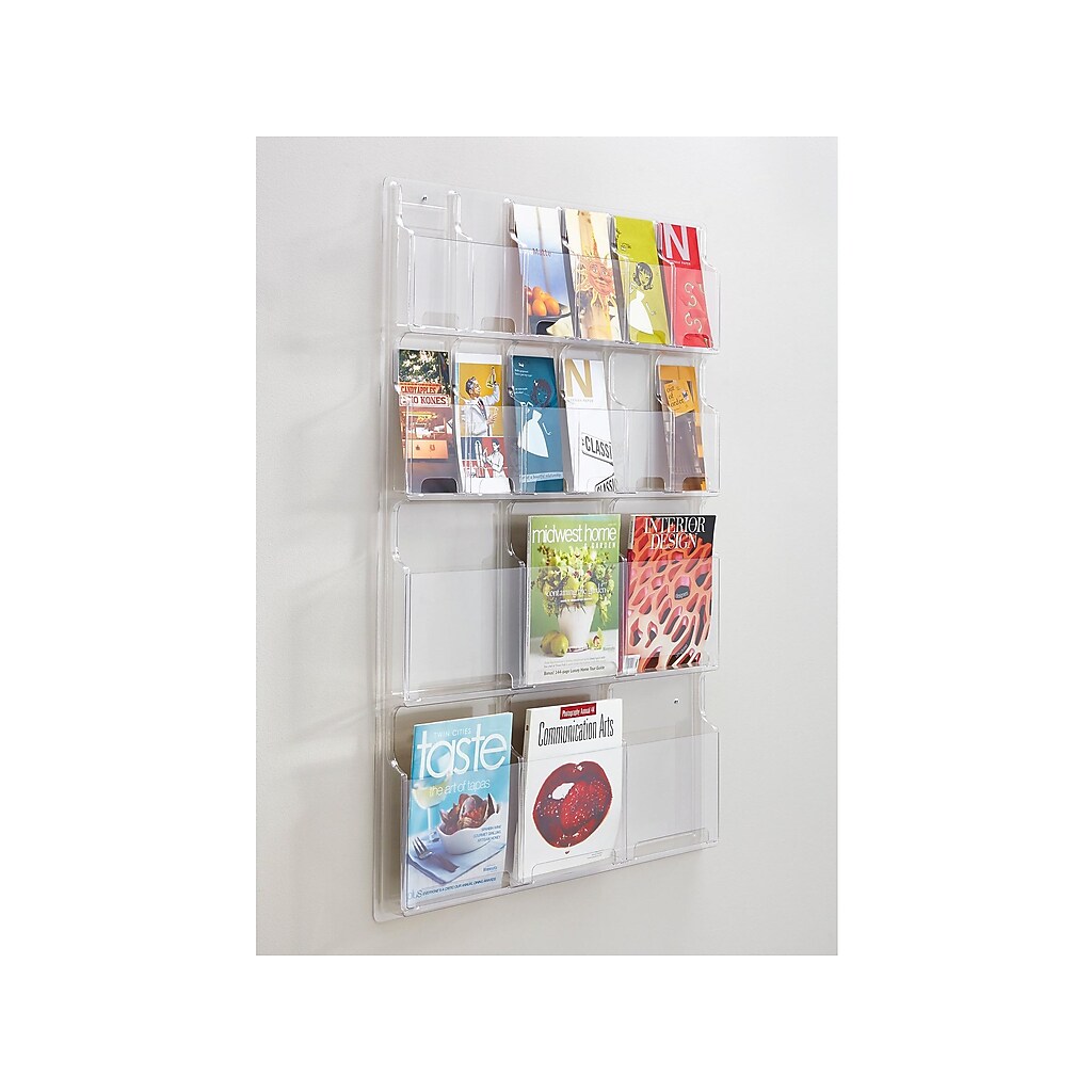 Clear plastic wall-mounted magazine rack with multiple rows of pockets, holding magazines
