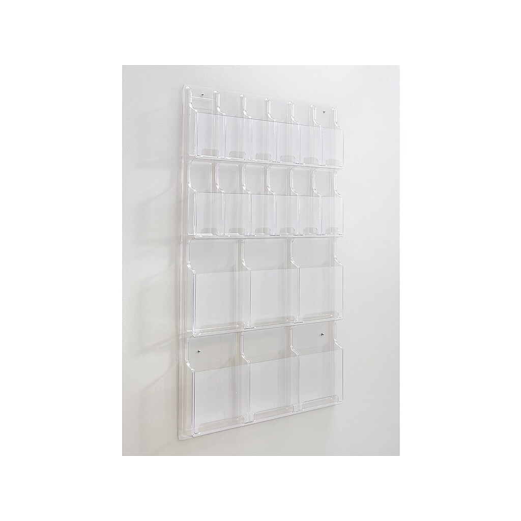 Clear plastic wall-mounted magazine rack with many small pockets