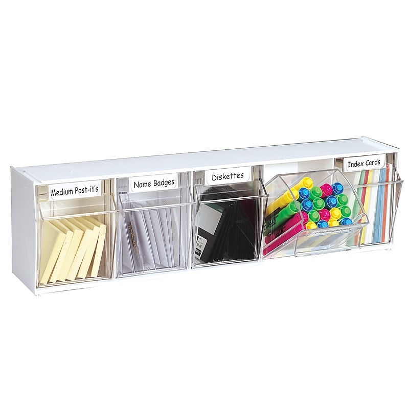 Deflect-O® Tilt Bin™ Storage Bins, Interlocking Stackable, 5 Bins, 6-1/2" x 23-5/8" x 5-1/4", White (20503OP) image 1