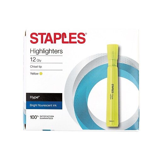 Staples Hype Tank Highlighters, Chisel Tip, Yellow, Dozen (29203CC