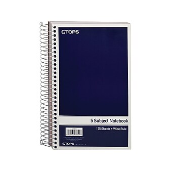 TOPS Oxford 5-Subject Notebook, 6" x 9.5", Wide Ruled, 175 Sheets, Navy (TOP 63859)