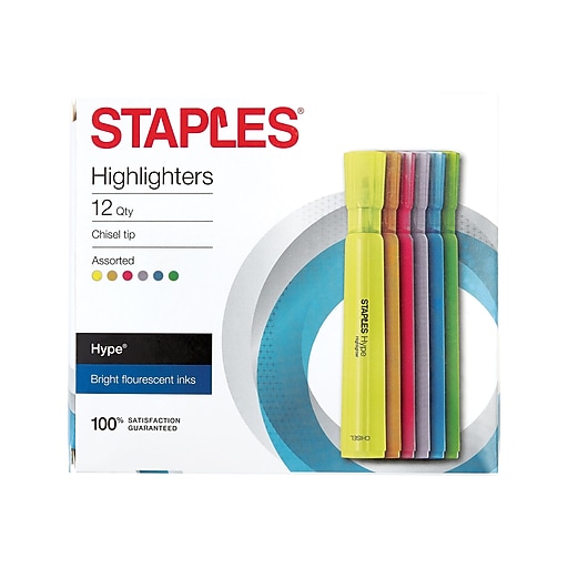 Staples Hype Tank Highlighters, Chisel Tip, Assorted, Dozen (29204CC