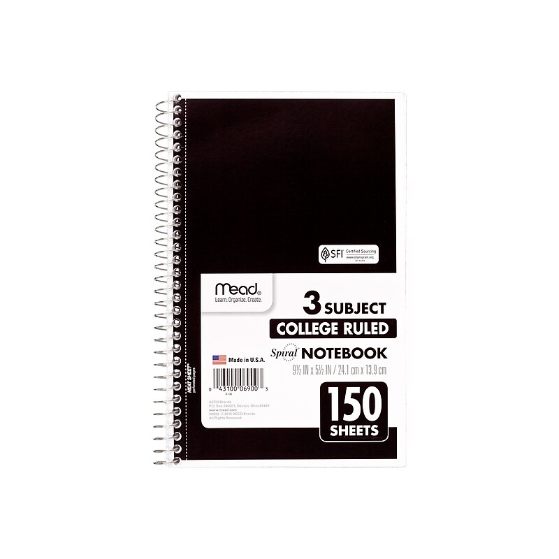 Mead 3-Subject Notebooks, 6" x 9.5", College Ruled, 150 Sheets, Assorted Colors, 12/Carton (06900CT) image 1