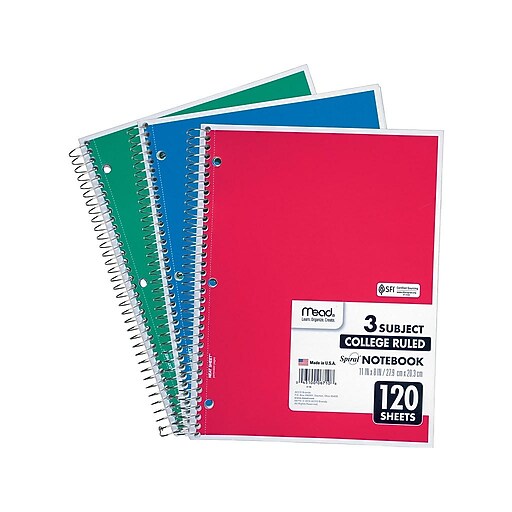Mead® Spiral® Notebook, 3 Subject, College Ruled, Assorted Colors