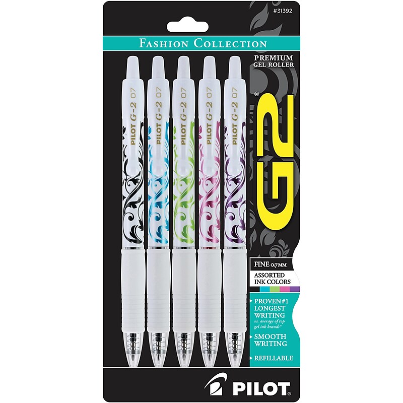 Pilot G2 Fashion Collection Retractable Gel Pens, Fine Point, Assorted Ink, 5/Pack (31392) image 1
