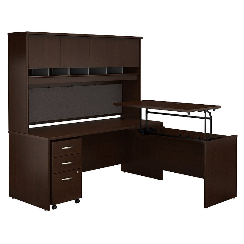 Bush Business Furniture Westfield 72"W 3 Position Sit to Stand L Desk w/ Hutch and File Cabinet, Mocha Cherry (SRC124MRSU) image 1