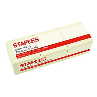 Staples Sticky Notes, 3" x 3", 100 Sheets/Pad, 18 Pads/Pack (S-33YR18/52569)