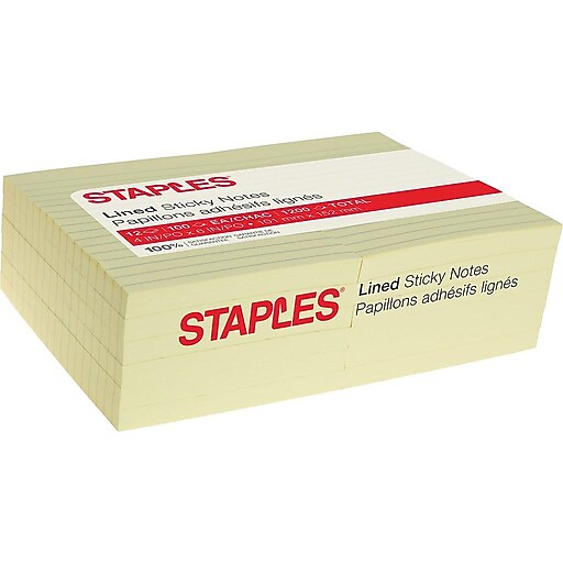 Staples Lined Sticky Notes, 4" x 6", 100 Sheets/Pad, 12 Pads/Pack (S