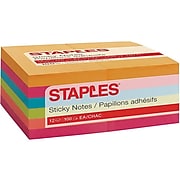 Staples Standard Sticky Notes, 3" x 5" Assorted, 100 Sheets/Pad, 12 Pads/Pack (S-35BR12)