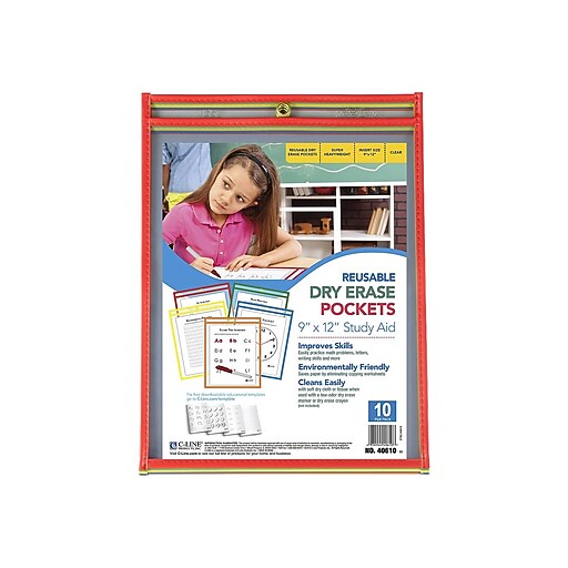 CLine 9" x 12" Reusable Dry Erase Pockets, Assorted Colors, 10/Pack