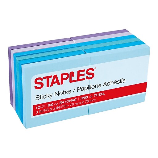Staples Sticky Notes, 3" x 3", Assorted, 100 Sheets/Pad, 12 Pads/Pack