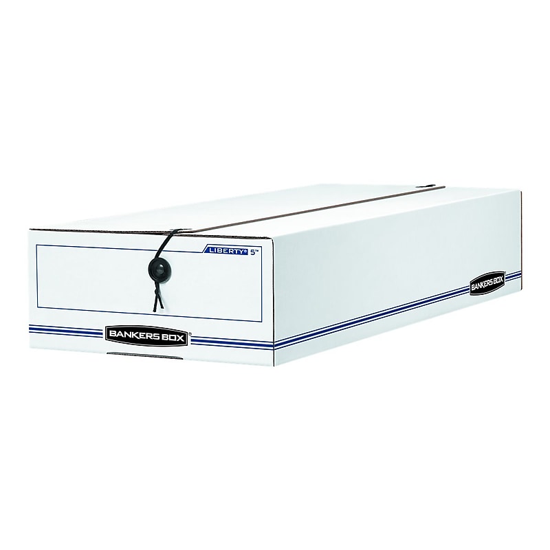 Bankers Box Liberty Corrugated File Storage Boxes, String & Button Closure, Check & Form Size, White/Blue, 12/Carton (00007) image 1