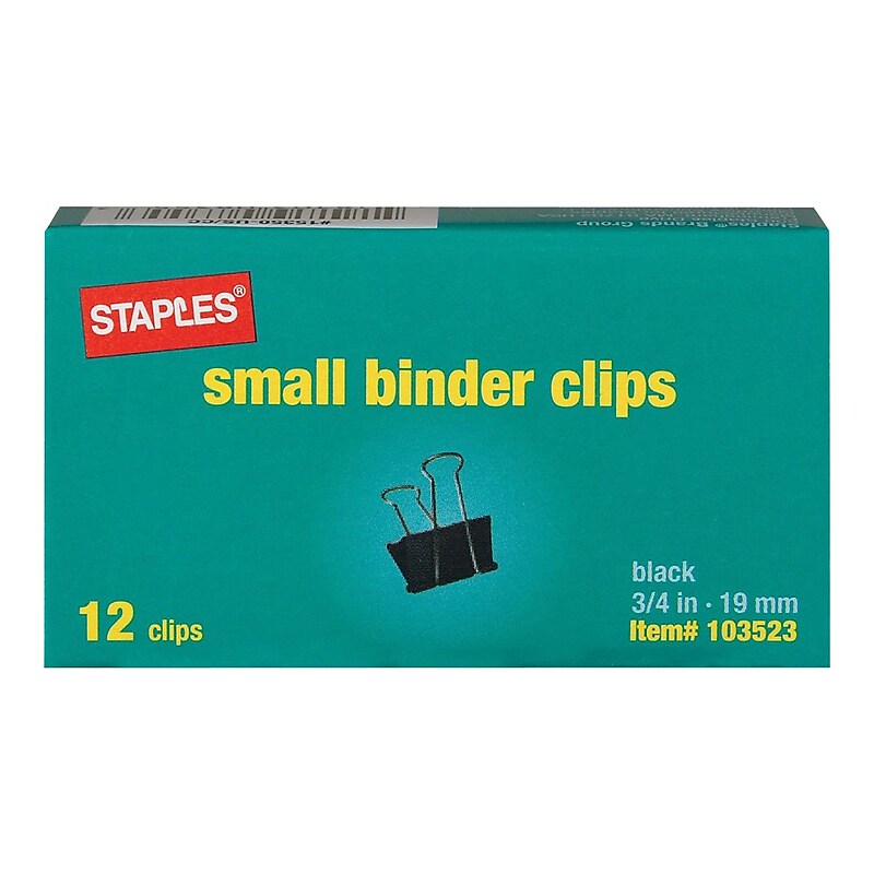 Staples Small Binder Clips, 0.38" Capacity, Black, 12 Clips/Pack (15350) image 1