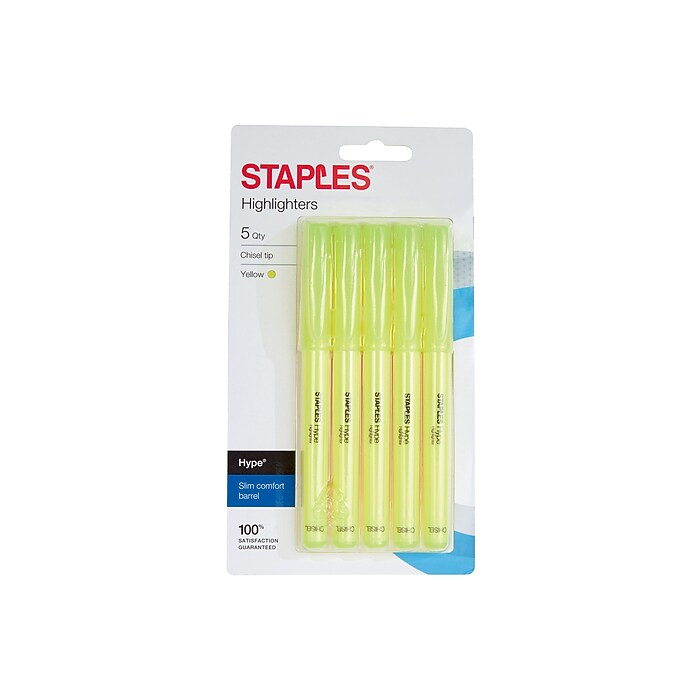 Staples Hype Stick Highlighters, Chisel, Yellow, 5/Pack (29346