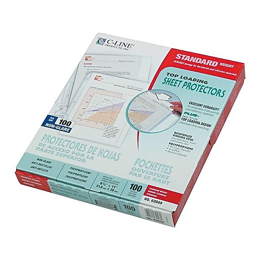 CLine Top Load Sheet Protector, Lightweight, Non Glare, 11" x 81/2", Clear, 100/Box (62048