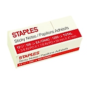Staples Sticky Notes, 1.38 x 1.88", 100 Sheets/Pad, 12 Pads/Pack (S152YR/1252554)