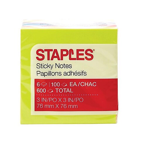 Staples Stickies Standard Notes, 3" x 3" Assorted, 100 Sheets/Pad, 6