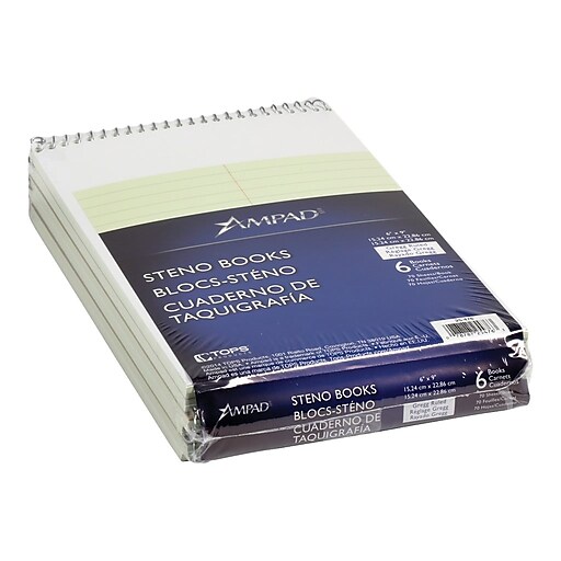 Ampad Steno Pad, 6" x 9", Gregg Ruled, 70 Sheets, GreenTint, 6/Pack