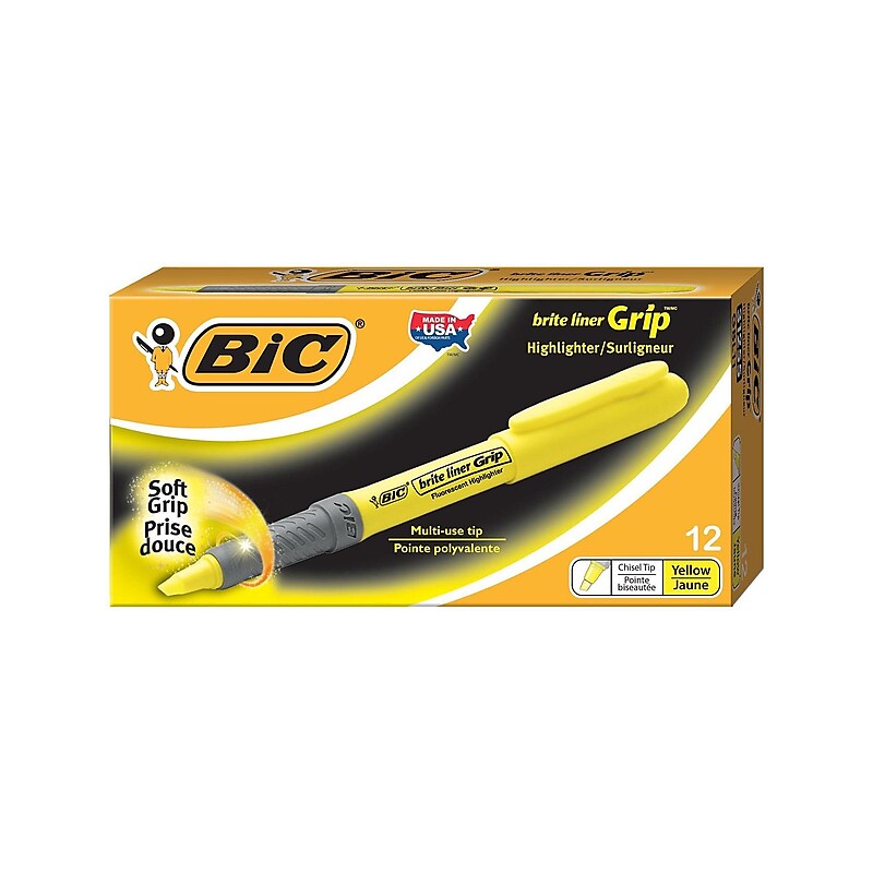 BIC Brite Liner Grip Stick Highlighters, Chisel, Yellow, Dozen (31255) image 1