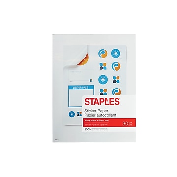 Staples Sticker Paper, 8.5"W x 11"H, White Matte, 30/Pack (70972)