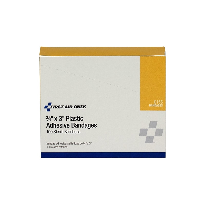 First Aid Only 0.75" x 3" Plastic Adhesive Bandages, 100/Box (G155-020) image 1