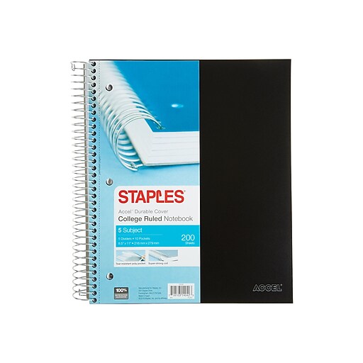 Staples Accel Durable Poly Cover Notebook, 5 Subject, 81/2" x 11