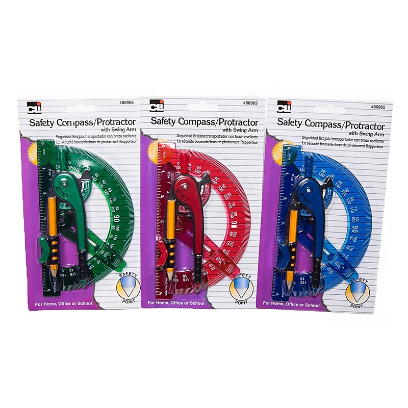 Charles Leonard Compass Safety and 6" Swing Arm Protractor, Assorted Colors, Pack of 12 (CHL80965ST) image 1