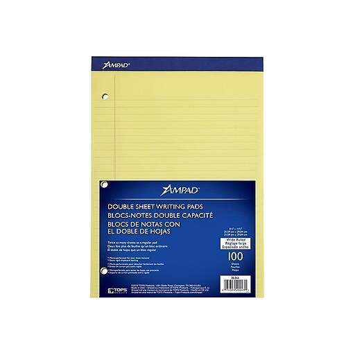 Ampad® DualPad Notepad, 81/2" x 113/4", Wide Ruled, Canary, 100