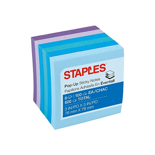 Staples PopUp Sticky Notes, 3" x 3", Assorted, 100 Sheets/Pad, 6 Pads