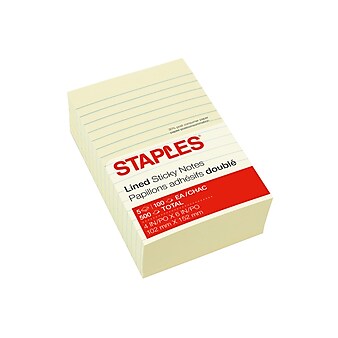 Staples Recycled Sticky Notes, 4" x 6", Sunshine Collection, Lined, 100 Sheets/Pad, 5 Pads/Pack (S46YR/552572)