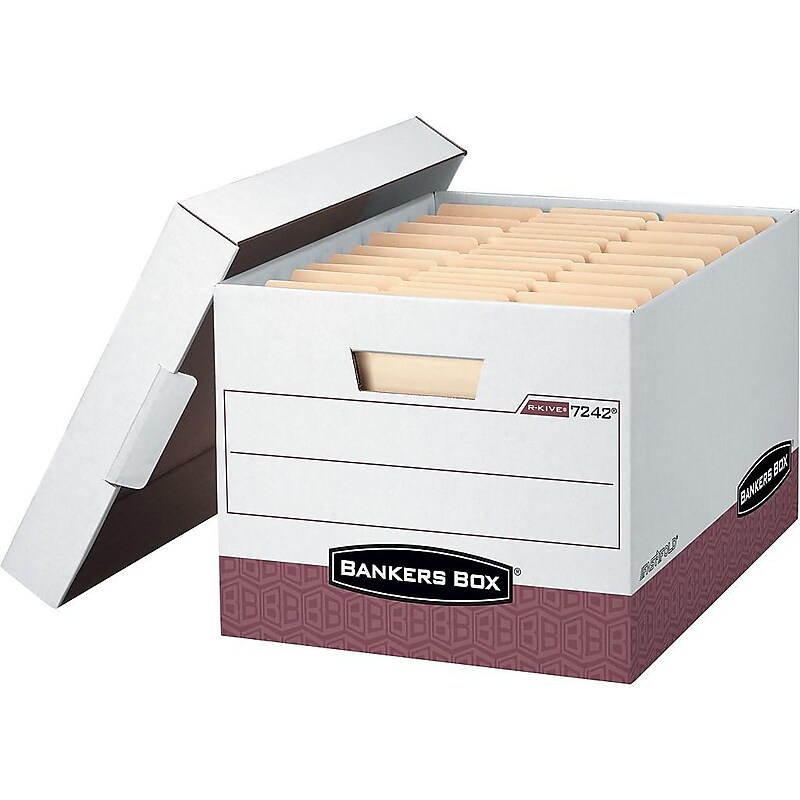 Bankers Box R-Kive® Heavy-Duty FastFold File Storage Boxes, Lift-Off Lid, Letter/Legal Size, White/Red, 12/Carton (07242) image 1