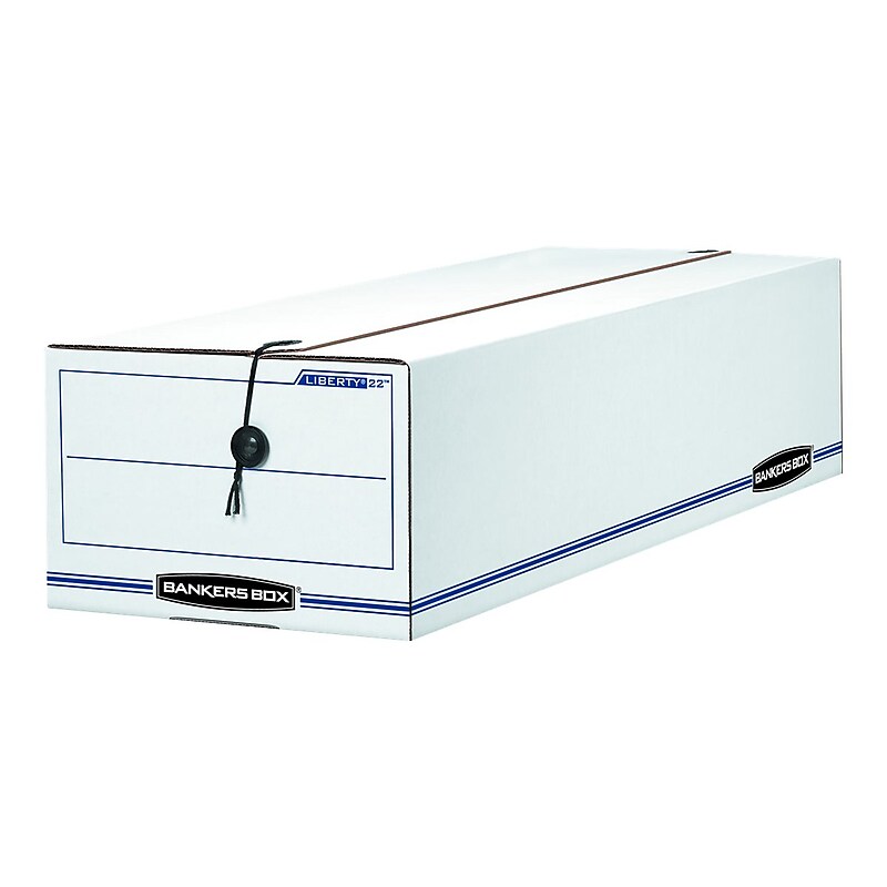 Bankers Box Liberty Corrugated File Storage Boxes, String & Button Closure, Check & Form Size, White/Blue, 12/Carton (00022) image 1