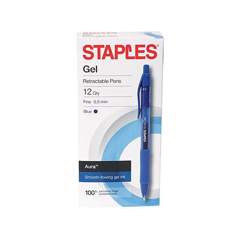 Staples Aura Retractable Gel Pens, Fine Point, Blue Ink, Dozen (50365