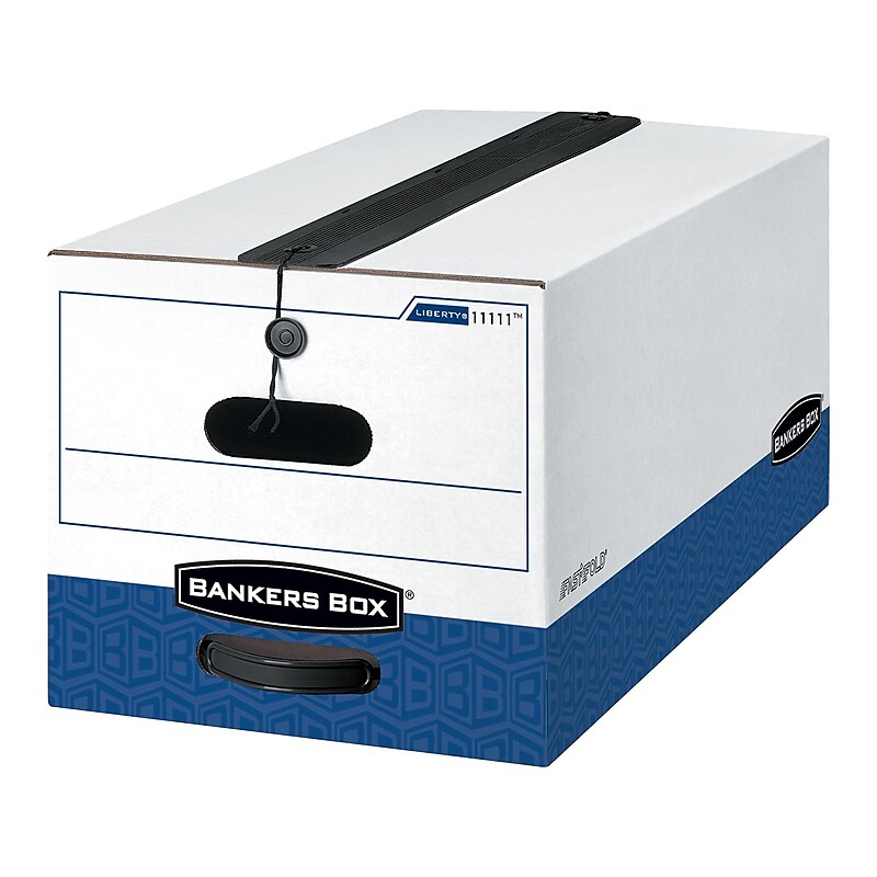 Bankers Box Liberty Plus Heavy-Duty FastFold File Storage Boxes, String & Button, Letter Size, White/Blue, 12/Carton (11111) image 1